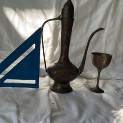 India Brass Tea Kettle And 5 Goblets 