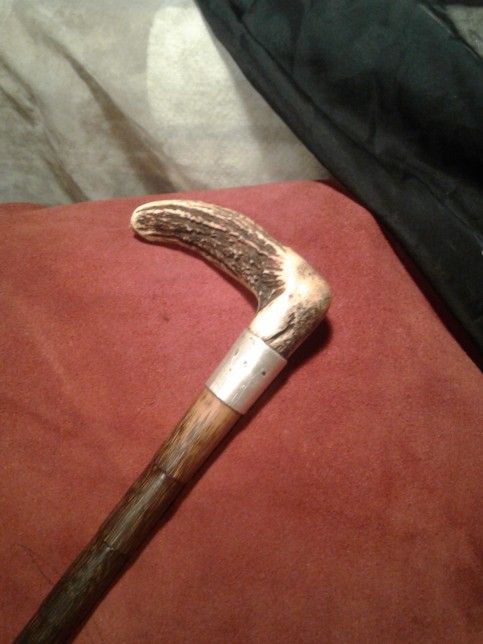 Antique Stag Antler Handle Smooth Bamboo Shaft Sterling Collar And Ferrule