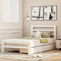 NEW White Twin Wood Platform Bed with 2-Drawers