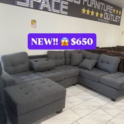 🛋️ NEW  Black Or Grey Bargain Comfy Sectional  w/Pillows 🚛  Avail 🛋️