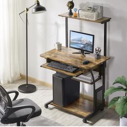 3 Tiers Rolling Computer Desk with Keyboard Tray and Printer Shelf for Home Office, Mobile Computer Desk for Small Space, Retro Computer Table Compact