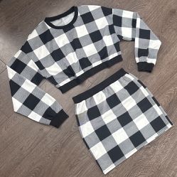 Long Sleeve Checkered Skirt Set