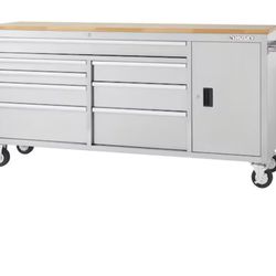 72 in. W x 18 in. D Heavy Duty 8-Drawer 1-Door Mobile Workbench Tool Chest with Solid Wood Top in Stainless Steel