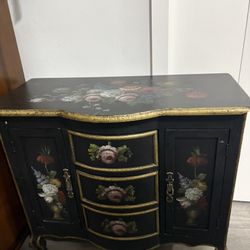 Vintage Hand-Painted Floral Accent Cabinet – Black & Gold With Curved Front