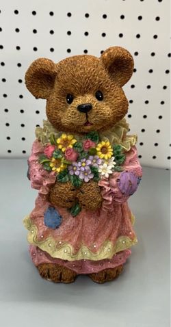Resin Bear Piggy Bank  Figurine Holding Flower Bouquet