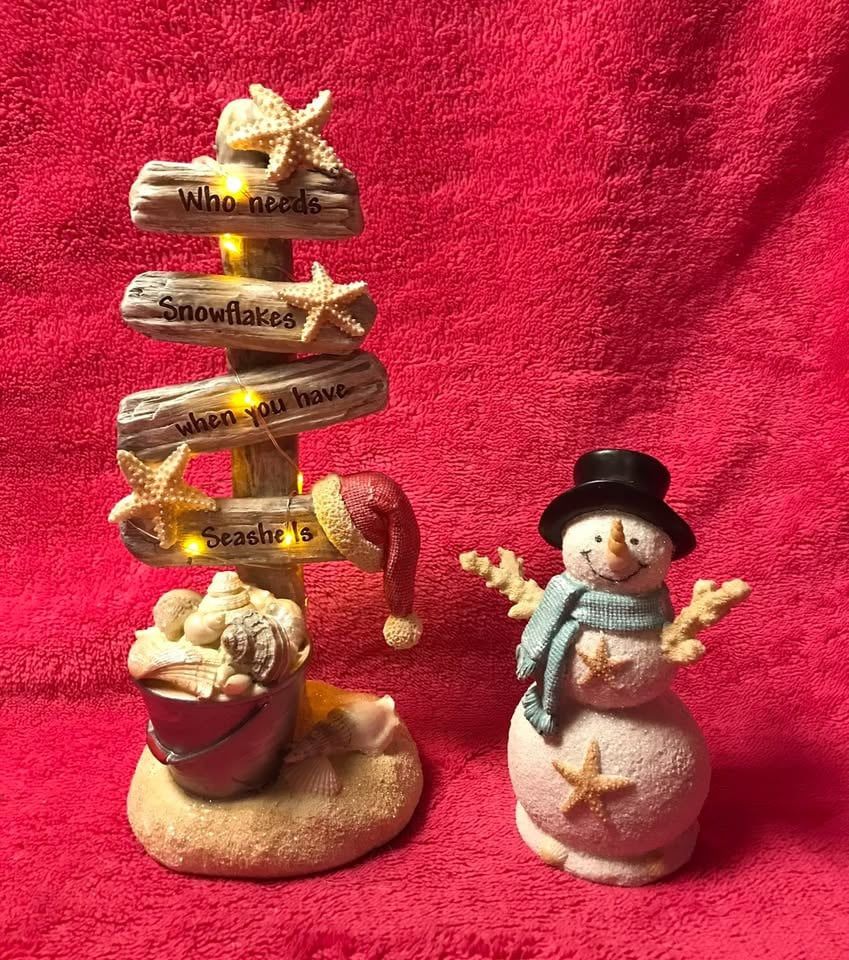 Coastal Beach Christmas Ceramic 10.5” Lighted Tree AND 6.25” Snowman Figure Set NEW!