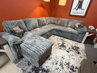 Large Gray Ribbed Fabric Sectional Sofa Bed