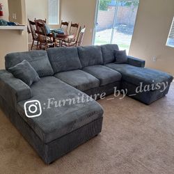 BRAND NEW DARK GREY DOUBLE CHAISE CORDUROY SECTIONAL SOFA COUCH (NEW IN BOXES)