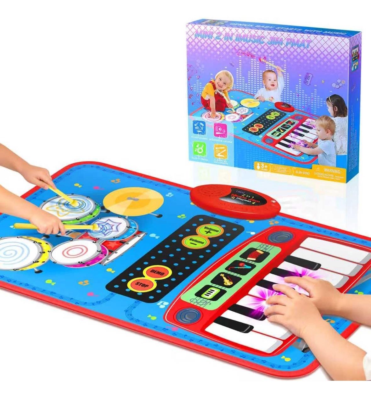 2-in-1 Musical Mat Toys for 1 2 3 4 5 Year Old, Piano Keyboard & Drum Set with 2 Drum Sticks, Early Educational Musical Learning Toys Birthday for 1 2