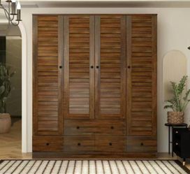 Brown Wood 59 in. W Shutter Doors Armoires Wardwore Farmhouse Style