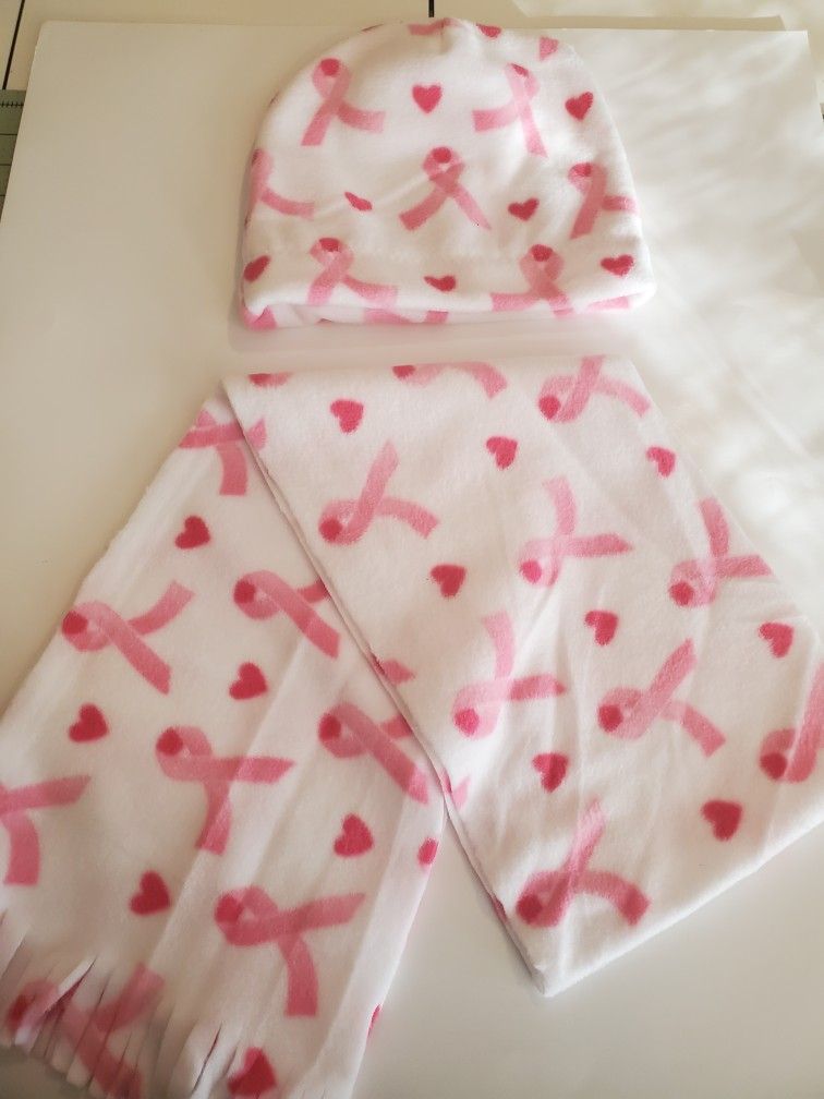 Fleece Beanie Pink Ribbon Scarf and Hat Set Hand Crafted Adult sz