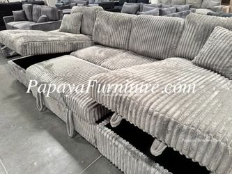 NEW Sectional Sofa with TWO STORAGE CHAISE Pullout Sleeper Bed Grey Fabric Modern Discount Big SALE and Set Under seat Pull out Ashley Style Couch