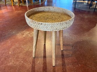 Round Rattan Side Table in Natural Wood