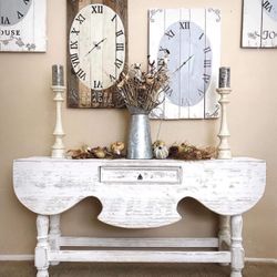 Vintage French Country Farmhouse Chic Off White Console Table w Waterfall Edge