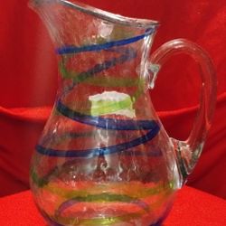 Libbey Blue & Green Striped Scroll Glass Pitcher 
