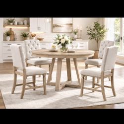 4 Pieces Beige Natural Wood Wash Upholstered Dining Chairs [NEW] **Assembly Req** 