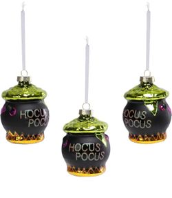 Hocus Pocus Halloween Cauldron Glass Ornaments Set of 3 Black Green 3.5 Inch