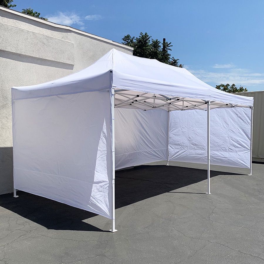 (NEW) $205 Heavy Duty 10x20 FT Canopy (with 4 Sidewalls) Ez Pop Up Outdoor Party Tent w/ Carry Bag (White/Blue) 