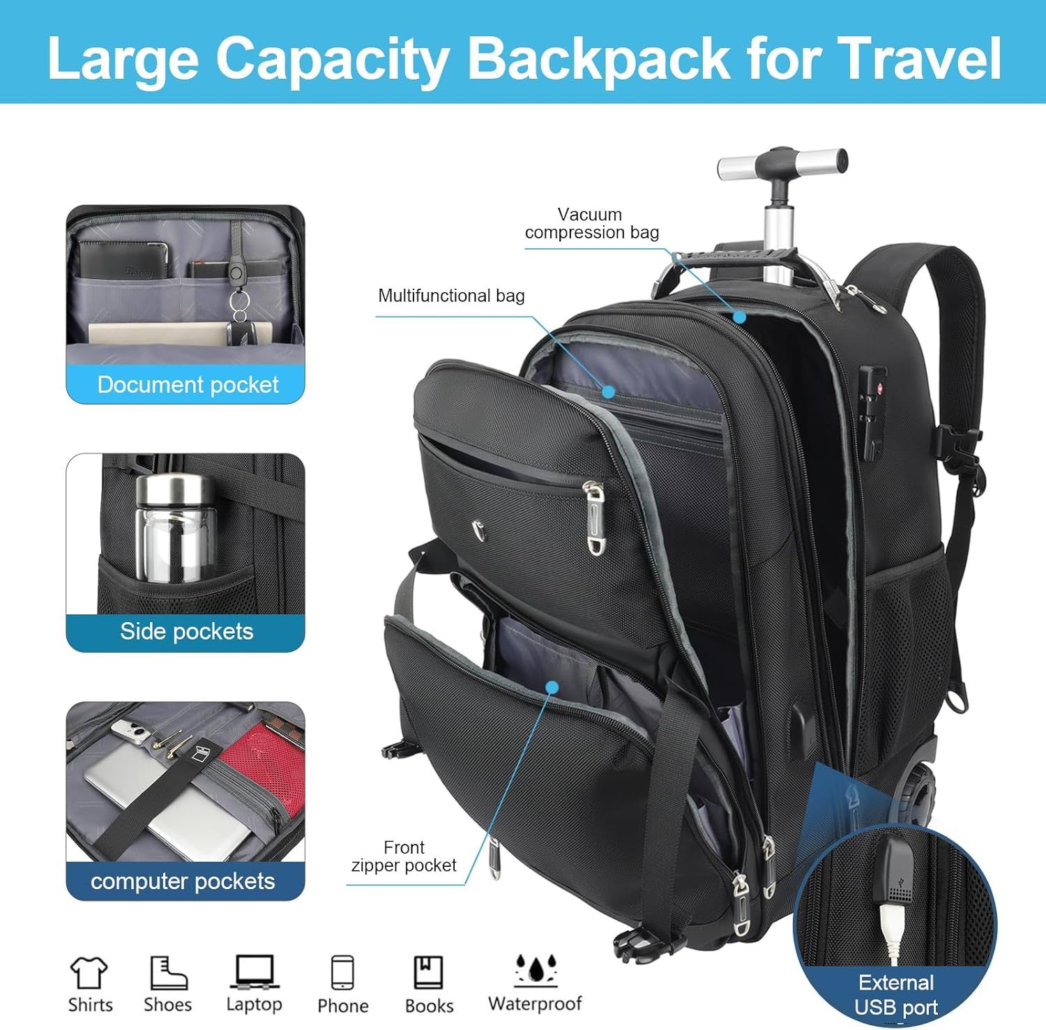 Vacuum Rolling Backpack,50L Roller Travel Laptop Backpack with Anti-Theft,rolling backpack for travel,Water-Resistant Carry-On Luggage,Business and Co