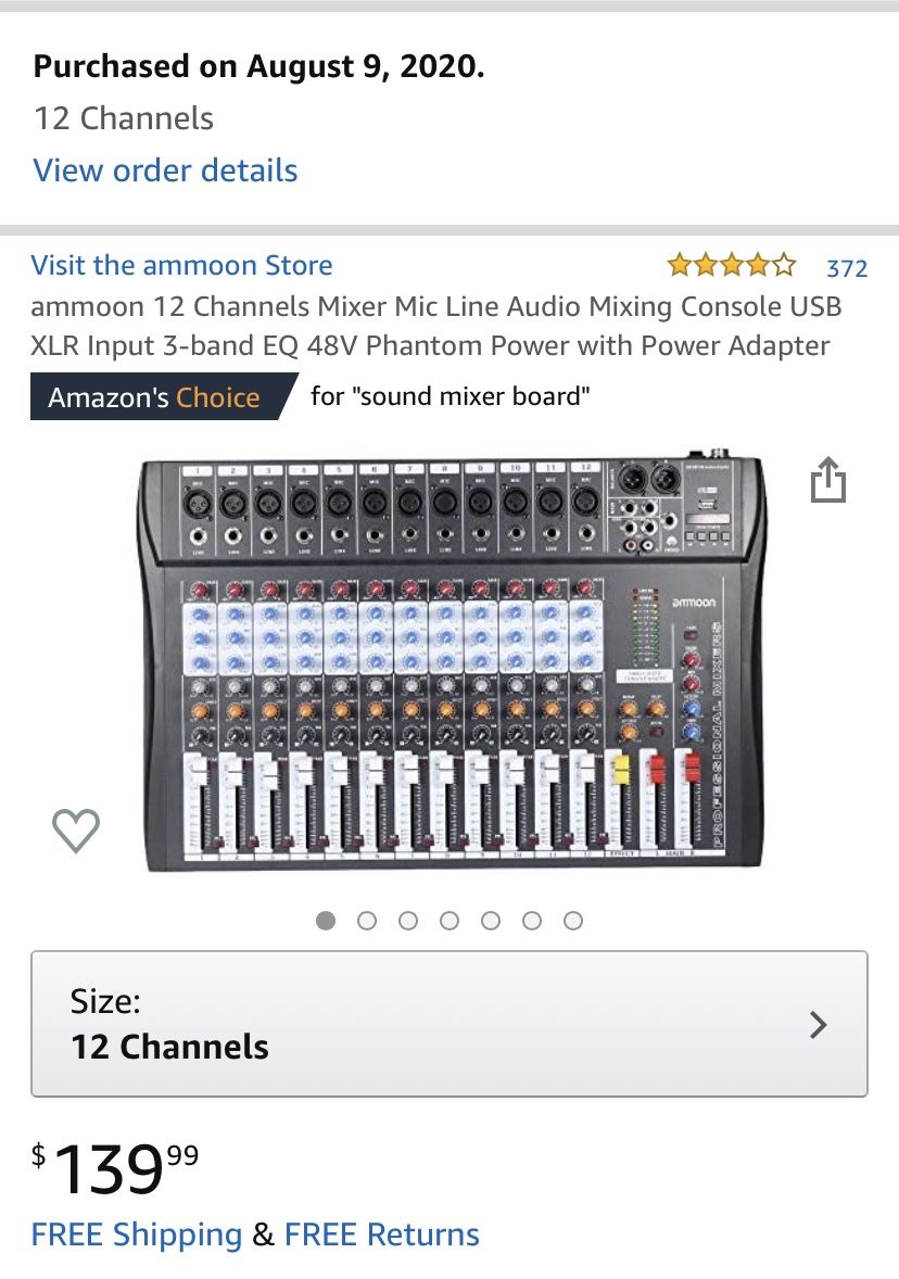 ammoon 12 Channels Mixer Mic Line Audio Mixing Console USB XLR Input 3-band EQ 48V Phantom Power with Power Adapter