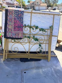 Gold Metal Bed Frame with Scroll Design and mattress
