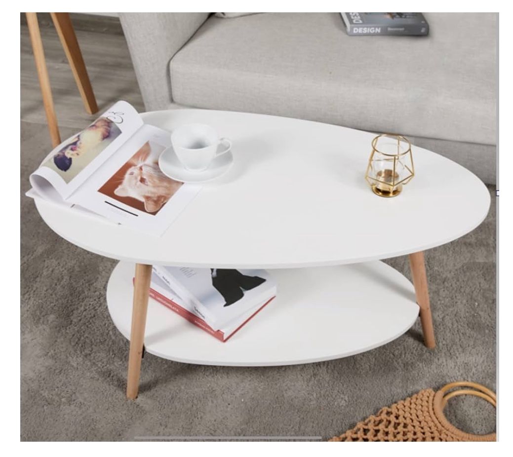 Modern Oval Wood Coffee Table with 2-Tier Open Storage Shelf – Compact Living Room & Home Office Accent Table, White Finish