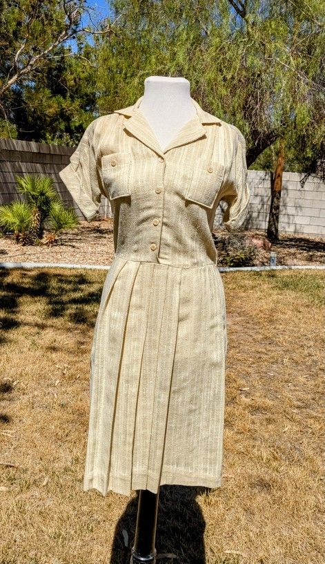 1970s JC Penny VTG Beige Linen Petite 5/6 Cotton/Poly Button S/S Shirt Dress EUC