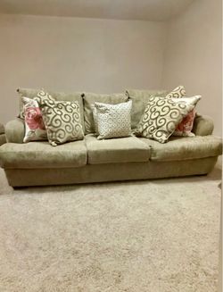 Large Tan Chenille Sofa with Throw Pillows
