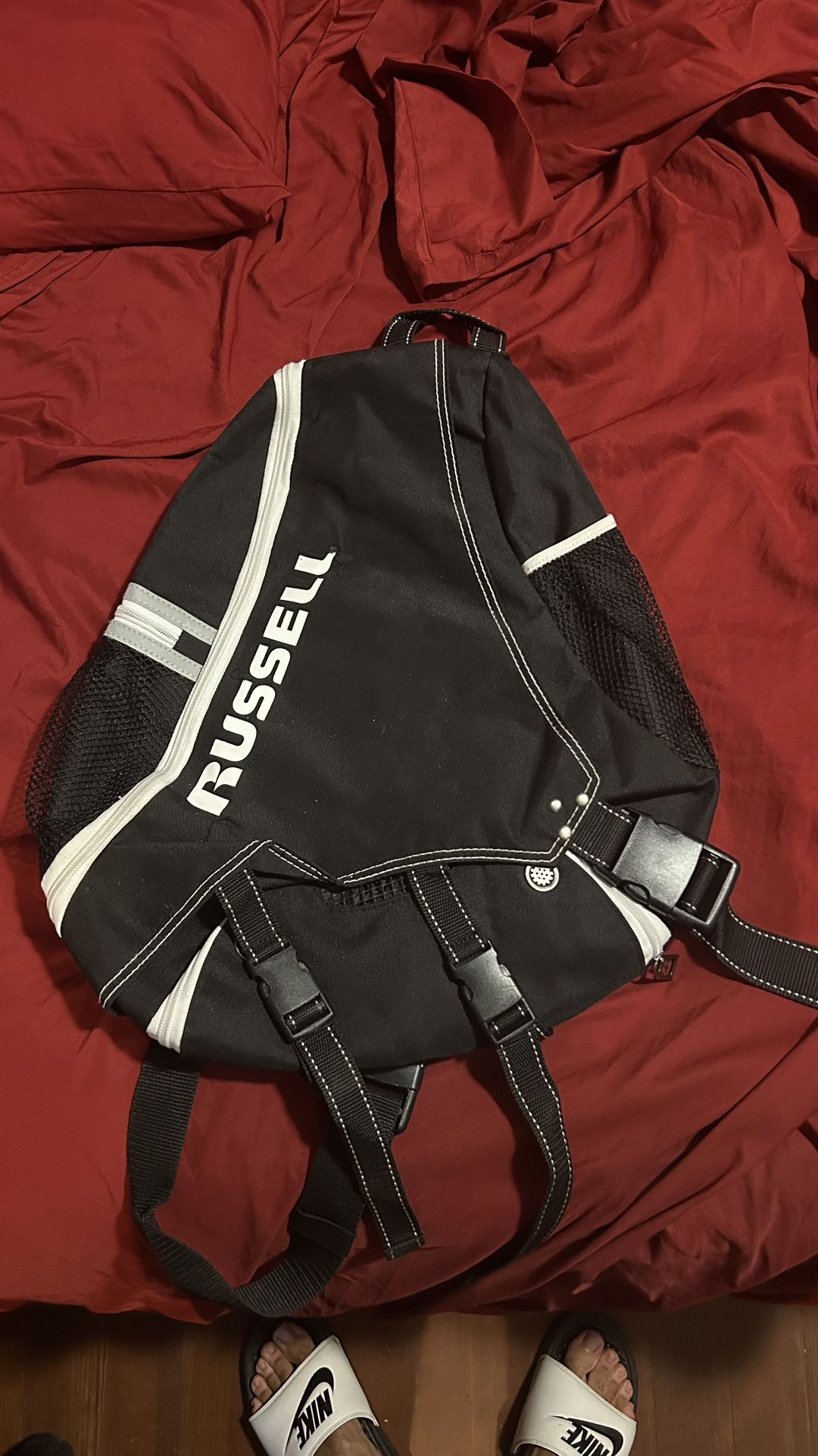 Russell Single Strap Sling Black Sports Backpack cycle Bag Reflective Strips