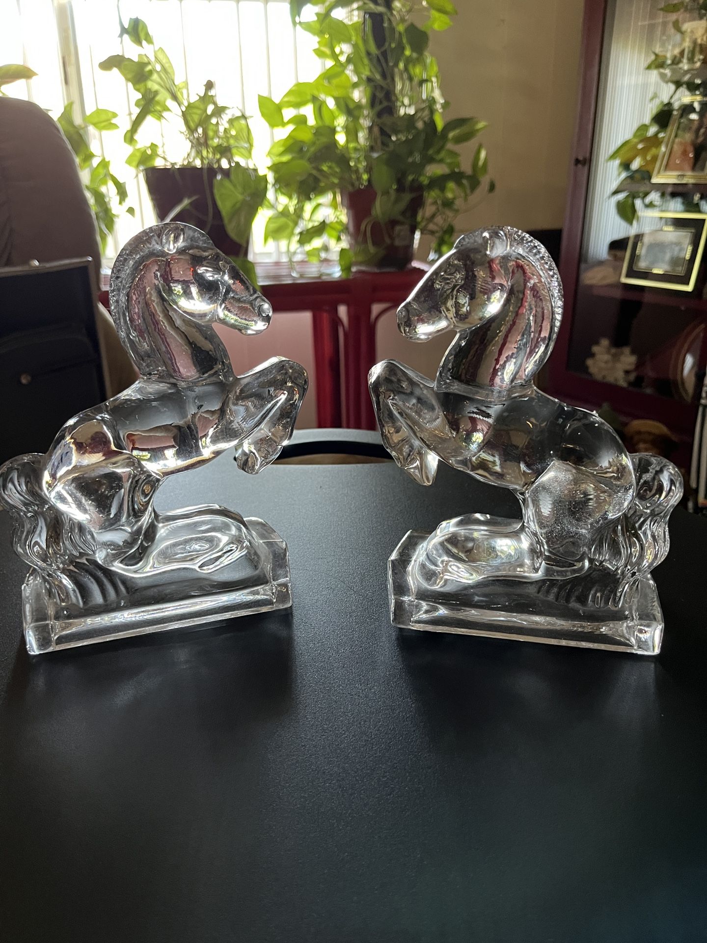 Vintage Rearing Horses Clear Glass Bookends