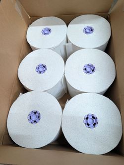 Six roll case of Scott Professional Roll Paper Towels with dispenser