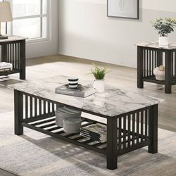 Brand New White Gray Marble Top 3pc Coffee Table Set