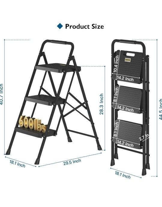 BONTEC 3-Step Ladder, Folding Step Stool with Wide Anti-Slip Pedals, Max Load Capacity 600lbs Sturdy Steel Ladder, Convenient Handgrip, Lightweight Po