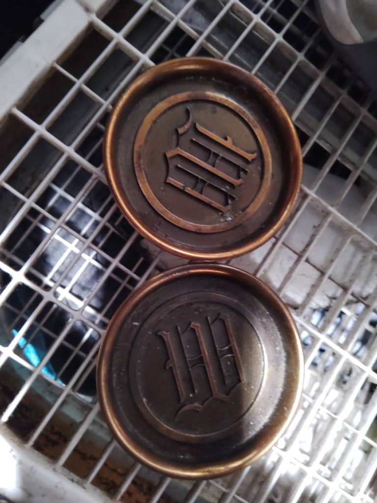 2 L.E. Mason co. Copper plated aluminum coasters/ashtray.