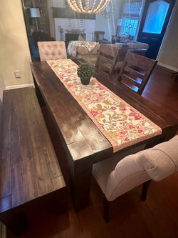 Dark Wood Dining Table Set w/ Bench & 4 Chairs