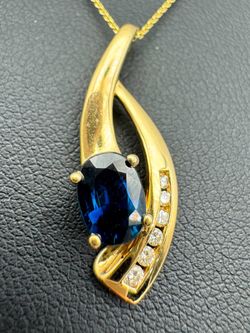 14k yellow gold Natural 0.75 Blue Oval Sapphire 0.15CTW Natural Diamond 16” Necklace