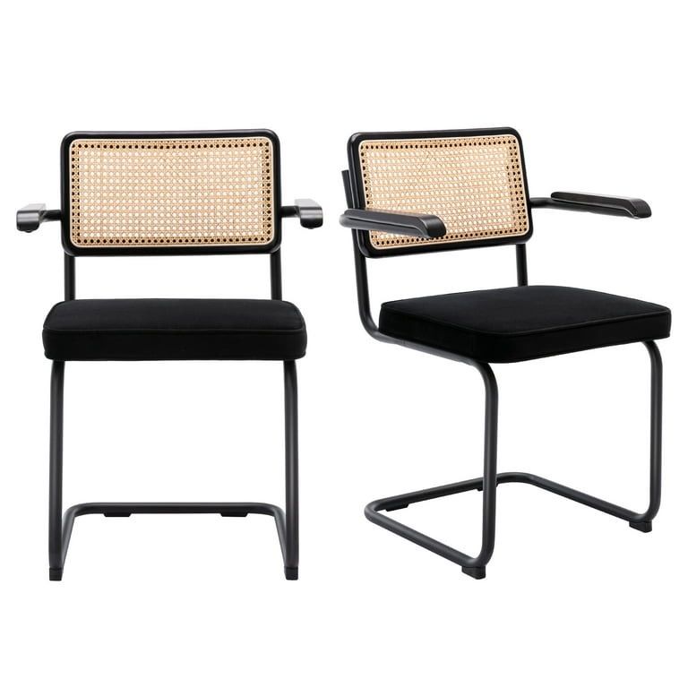 Mid-Century Modern Rattan Dining Chairs Set of 2, Velvet Upholstered Kitchen Arm Chair with Cane Back and Matte Black Metal Legs, Black