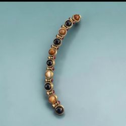 Vintage Signed Monet Gold Tone Cabochon Link Bracelet | Brown Black Statement Jewelry