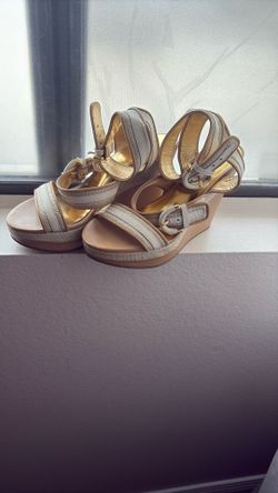 Coach Shoes/Coach Cream And Tan Woven,Staw Wedge Platform With Ankle Strap