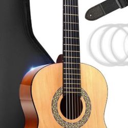 Pyle Classical Acoustic Guitar Kit, 3/4 Junior Size Instrument For Beginner Kids, Adults, 36” Natural Gloss