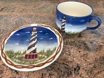 Lighthouse mug and plate set, hand painted