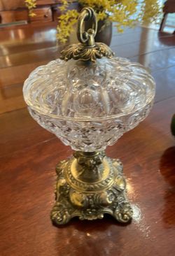 Crystal Round Compote Pedestal  Dish Lid Metal Base Handle CrystalTear Drops