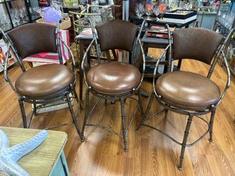Set of 3 Vintage Artistica Home Tuscan Brown Leather Swivel Counter Stools
