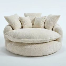 Round Chaise Lounge Chair Indoor, Modern Upholstered Boneless Couch with 5 Throw Pillows and Deep Seat $180