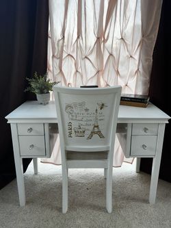 Beautiful Refinished White Desk With Reupholstered And Stenciled Chair