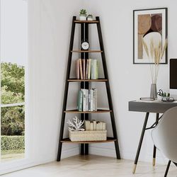 Industrial Corner Ladder Shelf, 5 Tier Display Bookshelf with Metal Frame for Living Room, Rustic Brown Finish