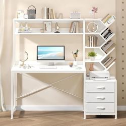 52” White Desk with Hutch, Bookshelf and 3 Drawers