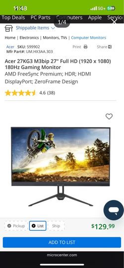 Gaming Monitor - Acer 27KG3 M3bip 27" Full HD (1920 x 1080) 180Hz Gaming Monitor