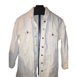 MANGO Denim Jacket Size Small White Denim Womens Distressed Ripped Frayed 1809 