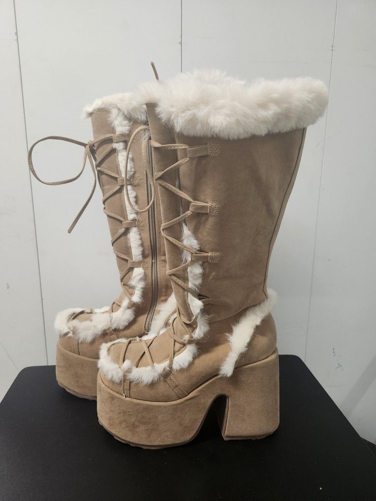 DEMONIA CAMEL Faux Fur 5" Chunky Heel Platform Camel Tan Womens Knee Boots US 11